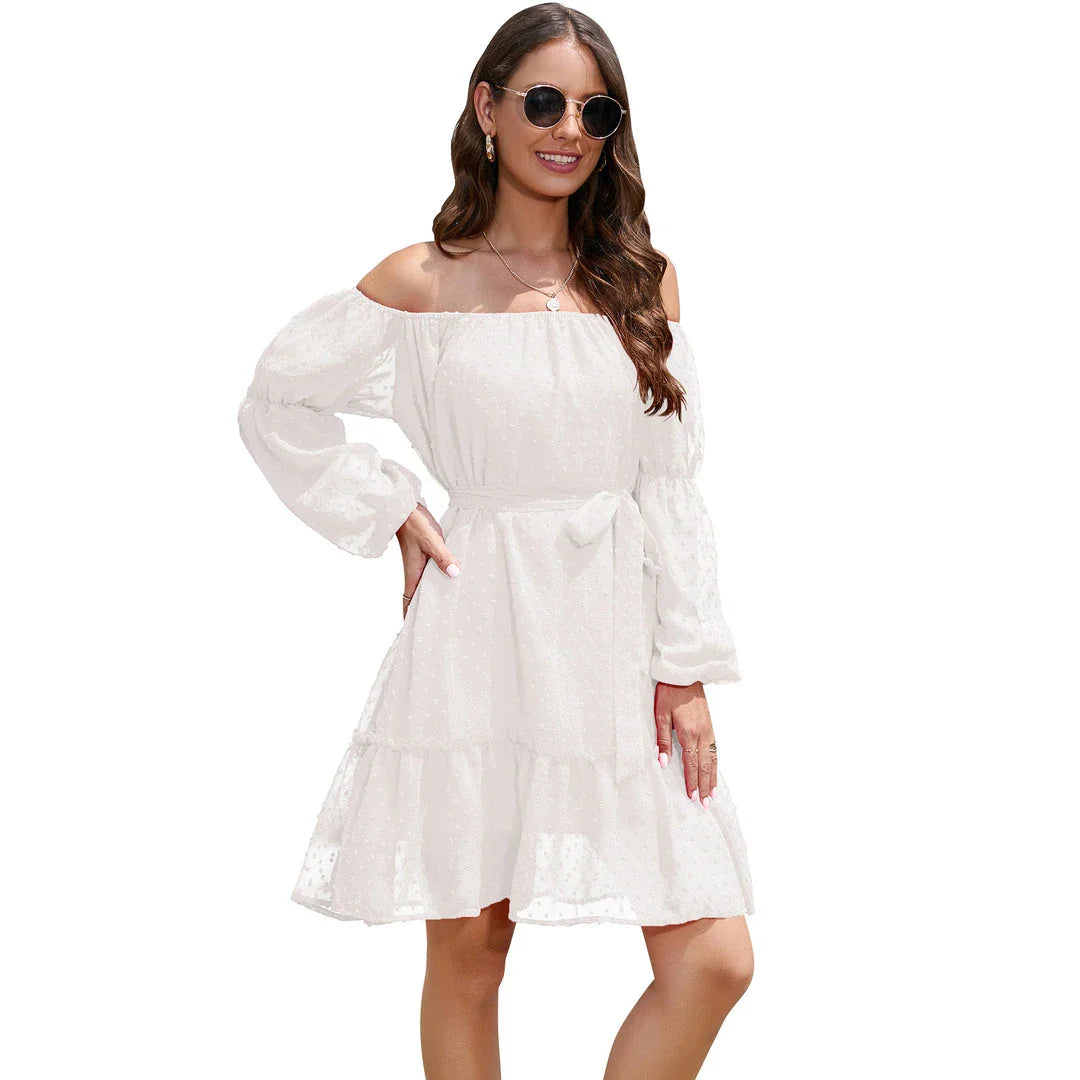 Stylish one-shoulder chiffon dress with ruffled bubble dot design, available in various sizes and blue colour