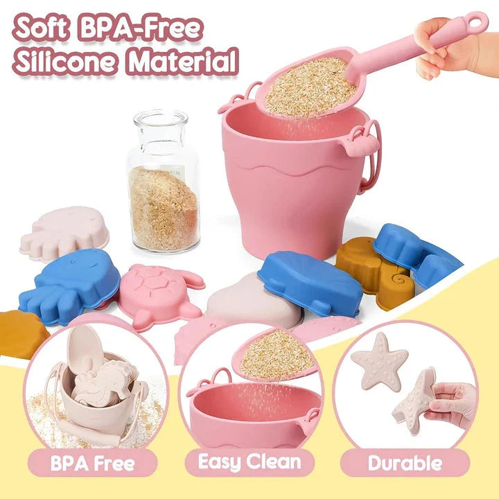Premium eco-friendly silicone beach playset with bucket, spades, and themed molds for children's creative outdoor play