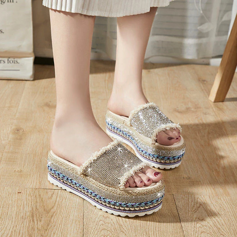 Stylish sponge cake elevated women's slippers in beige, black, and yellow colours