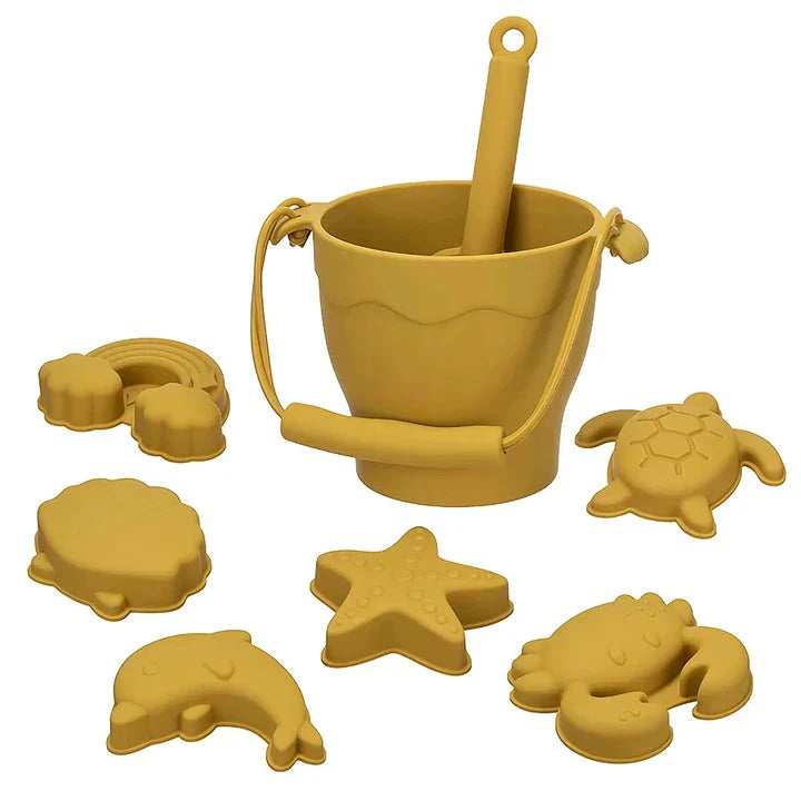 Premium eco-friendly silicone beach playset with bucket, spades, and themed molds for children's creative outdoor play