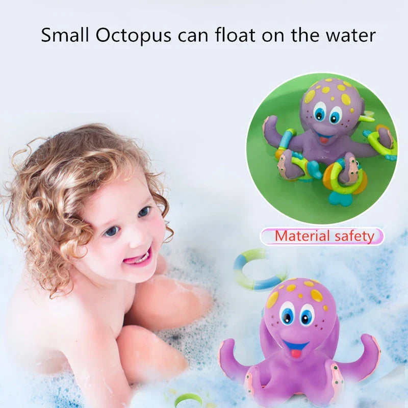 A purple octopus bath toy with colourful rings for tossing and splashing in the water