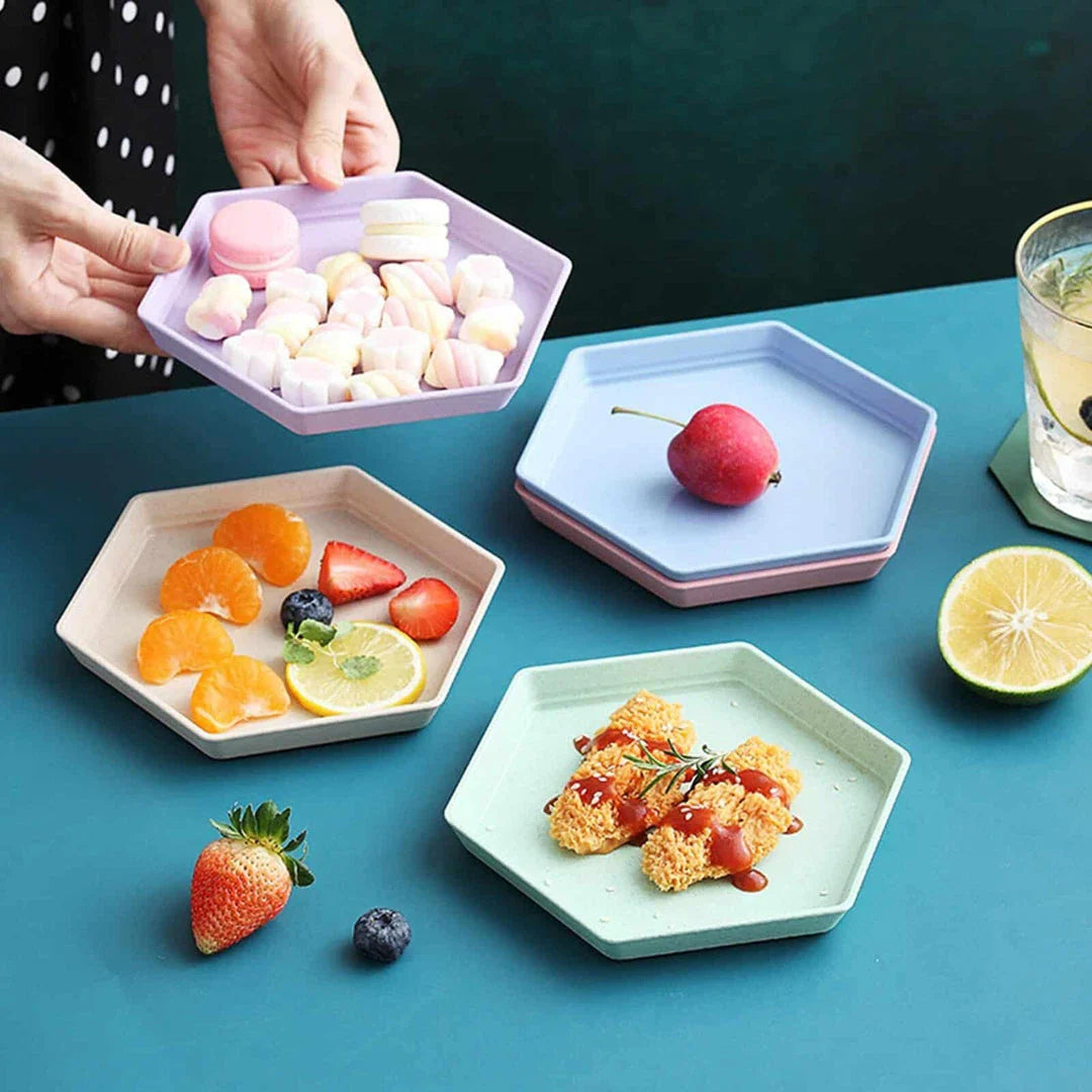 Hexagon-shaped wheat straw plate in a neutral beige colour, showcasing a modern and eco-friendly design