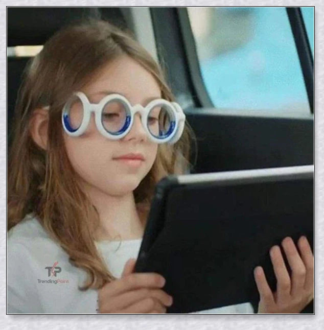 Anti-Motion Sickness Glasses with Boarding Ring technology for relief from nausea, dizziness, and vertigo during travel by car, boat, or plane