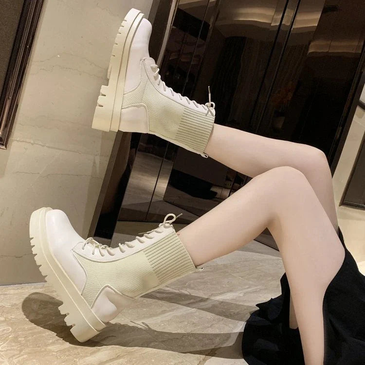 Stylish British-inspired knitted stretch platform ankle boots in various colours