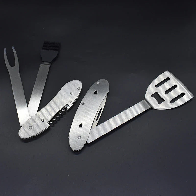 Premium 5-in-1 barbecue multi-tool with stainless steel construction and versatile grilling accessories