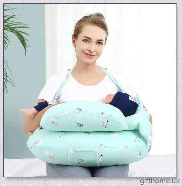 Premium breastfeeding nursing pillow with adjustable buckle, soft cotton fabric, and extra cushioning to support baby's head and prevent reflux.