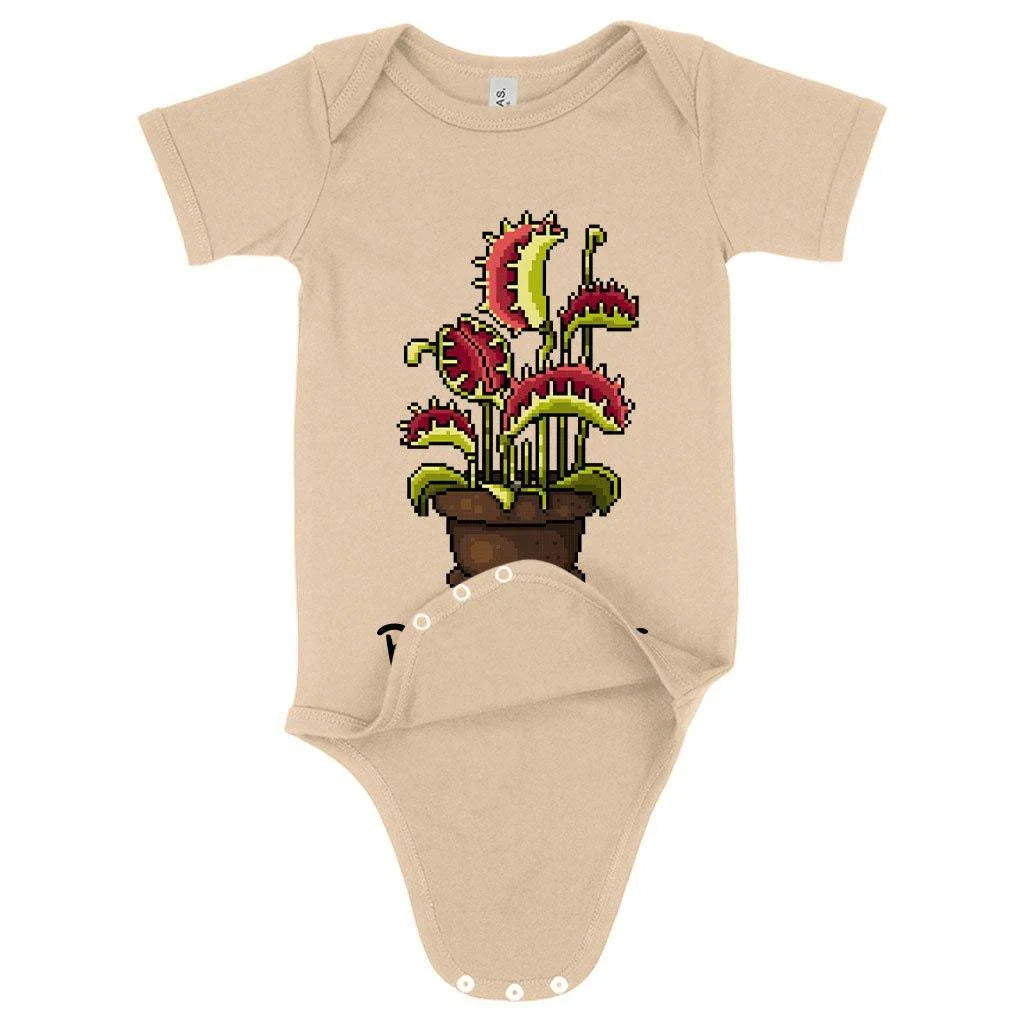 Adorable baby wearing a soft, flexible Venus Flytrap-inspired onesie in a cosy, yet playful design