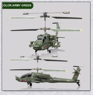 Military-inspired RC helicopter with gyroscope stabilisation and vibrant LED lights for indoor aerial maneuvers and stunts