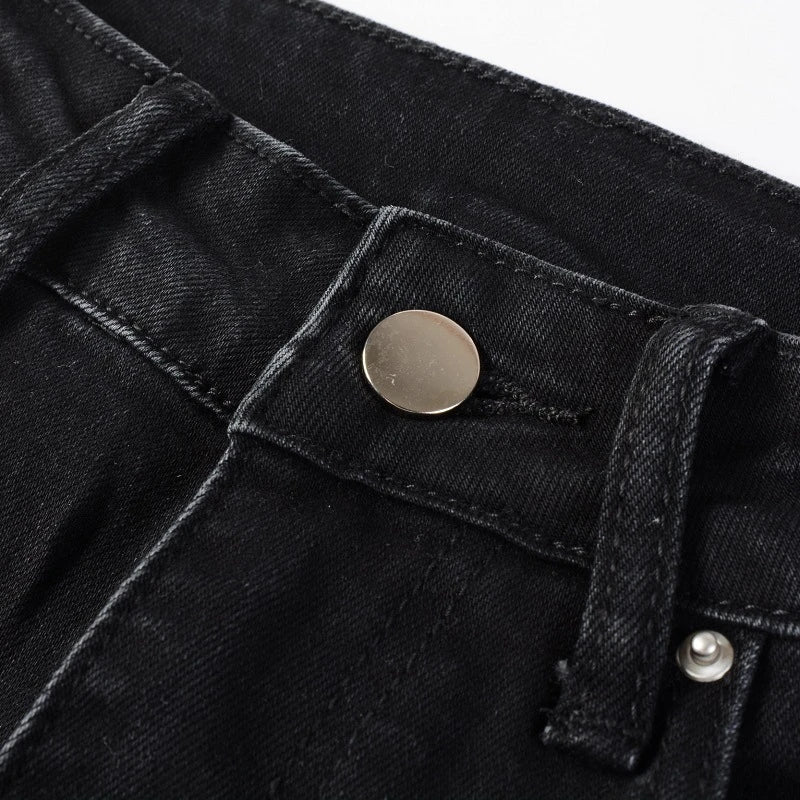 Premium ripped black jeans with stylish green patchwork design, made with medium-elastic fabric for comfort and a slim, flattering silhouette.