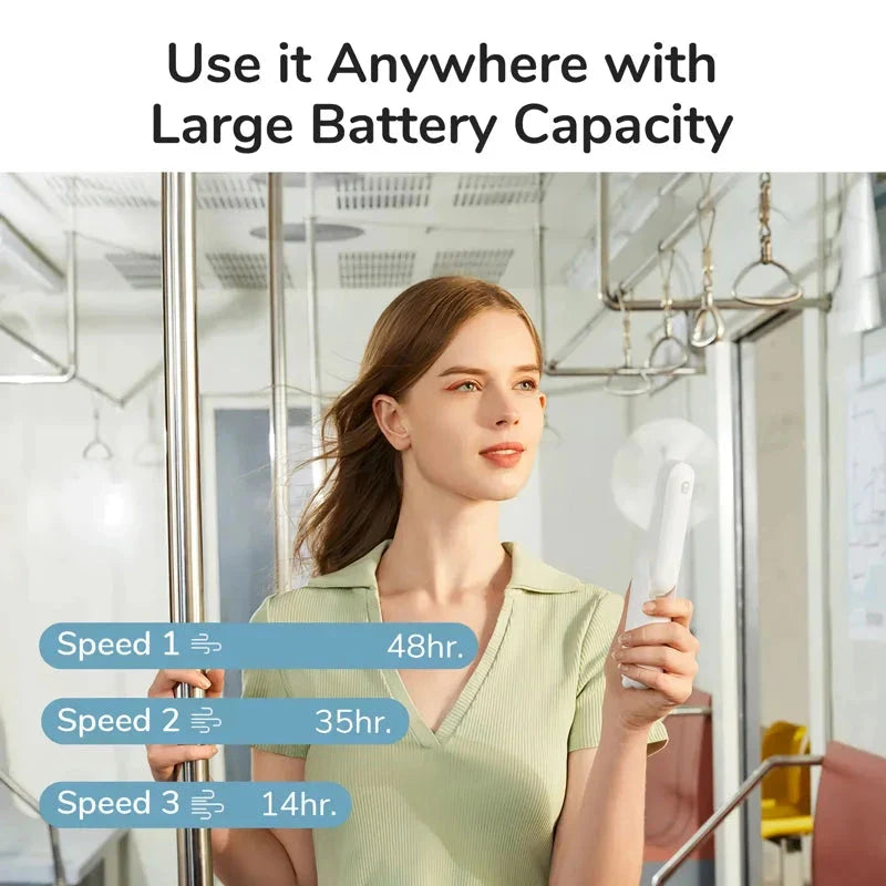 Portable Mini Handheld Fan with 4500mAh battery, 3 speed settings, power bank, and flashlight