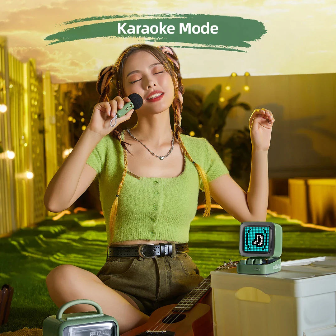 Ditoo-Mic Bluetooth Speaker with pixel art display, karaoke microphone, and retro design