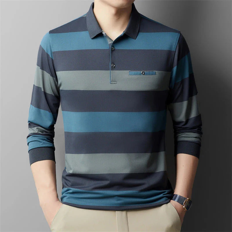 Premium Striped Long Sleeve Polo Shirt in Gray for Gentlemen - Soft, Breathable Fabric, Colour-Block Design, Versatile Casual-to-Smart Styling