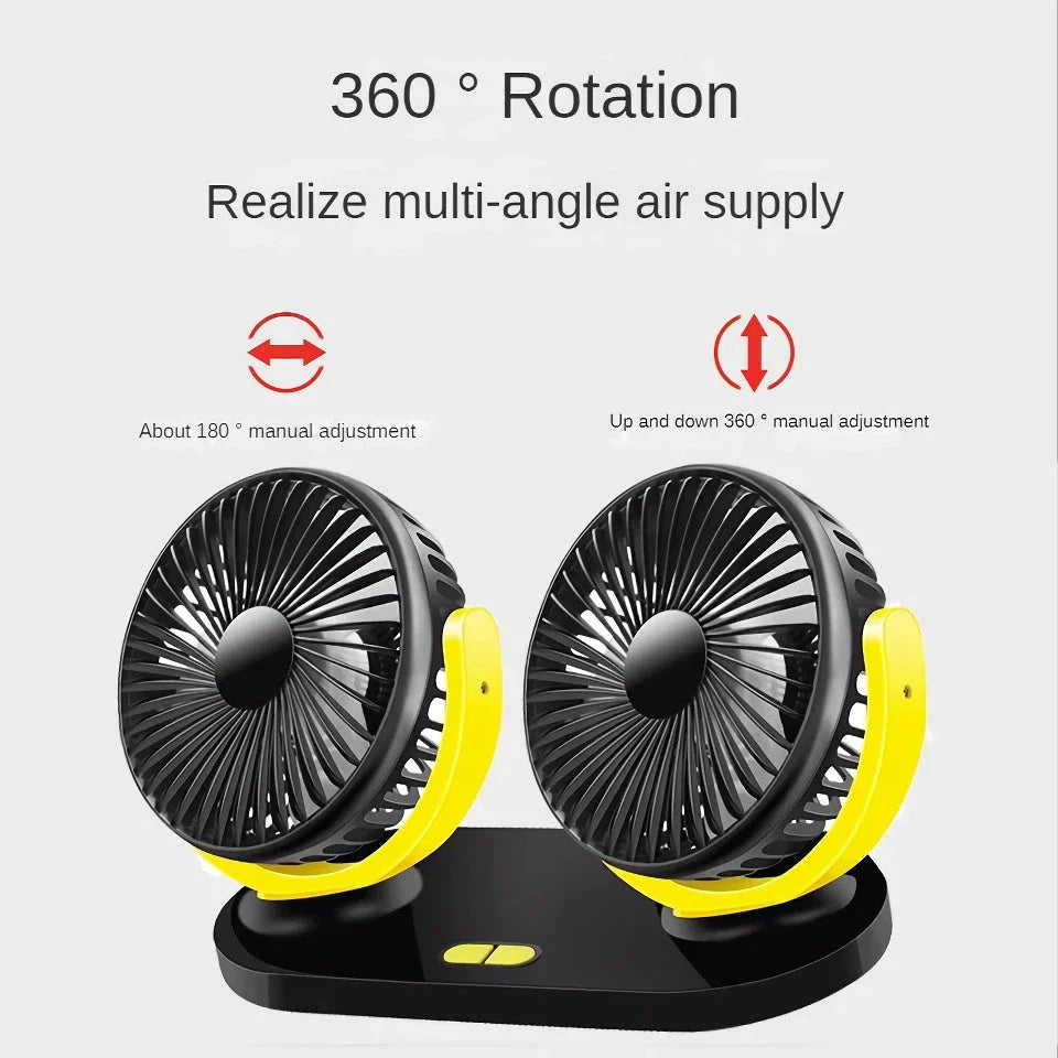 Versatile 12/24V dual-head car cooling fan with adjustable 3-speed settings for customised airflow