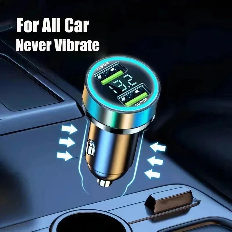 A sleek and durable 240W dual USB car charger with a digital display, perfect for keeping your devices charged on the road.