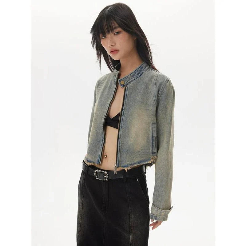 Retro Distressed Short Jacket with fur-trimmed sleeves, zipper closure, and chic O-neck design