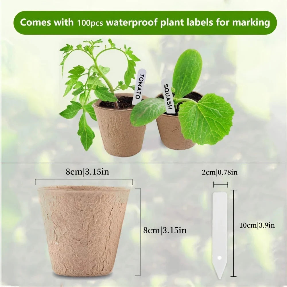 A set of 50 biodegradable paper nursery pots and plant labels for sustainable gardening