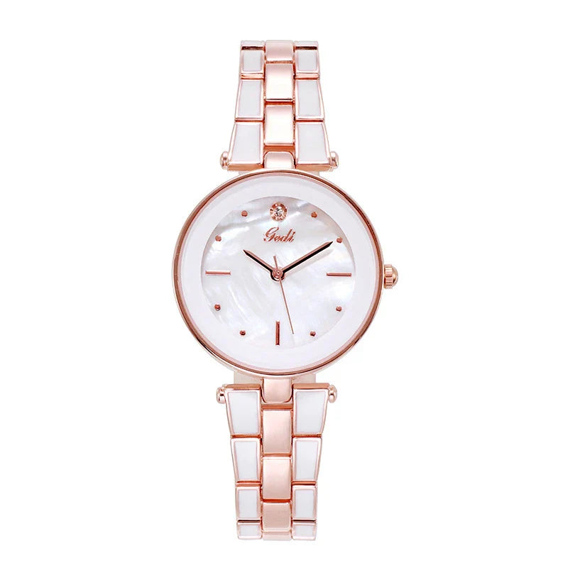 Trendha Ladies Watch with a sleek 30mm dial, screw-down crown, and stainless steel strap in a stylish white and rose gold colour scheme