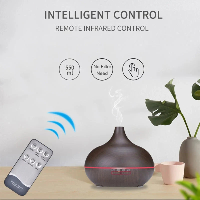 550ml Aromatherapy Essential Oil Diffuser with Remote Control - Elegant Wood Grain Design for Relaxing Home Environment