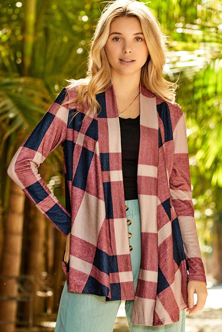 A stylish plaid open-front cardigan in a relaxed, comfortable silhouette for versatile British-inspired fashion