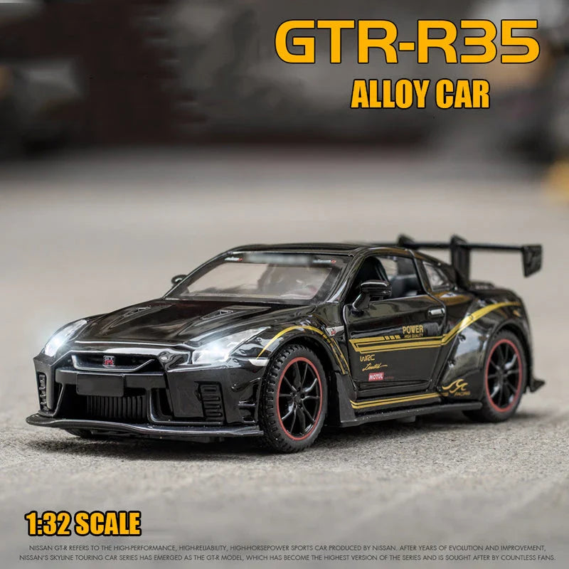 Premium 1:32 scale diecast model of the iconic Skyline R34 and R35 sports car, featuring detailed construction, interactive elements, and authentic design.