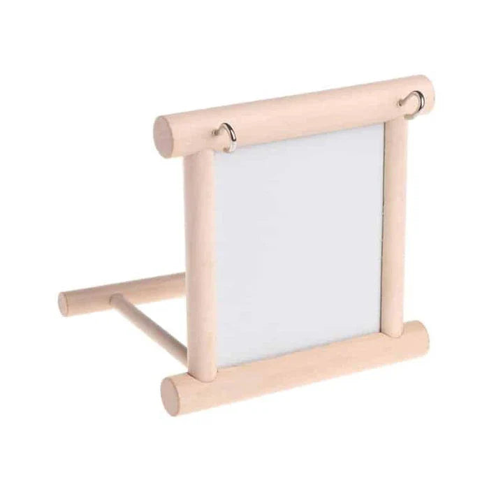 Premium bird mirror toy with sturdy wooden perch, designed to captivate and entertain your feathered friend