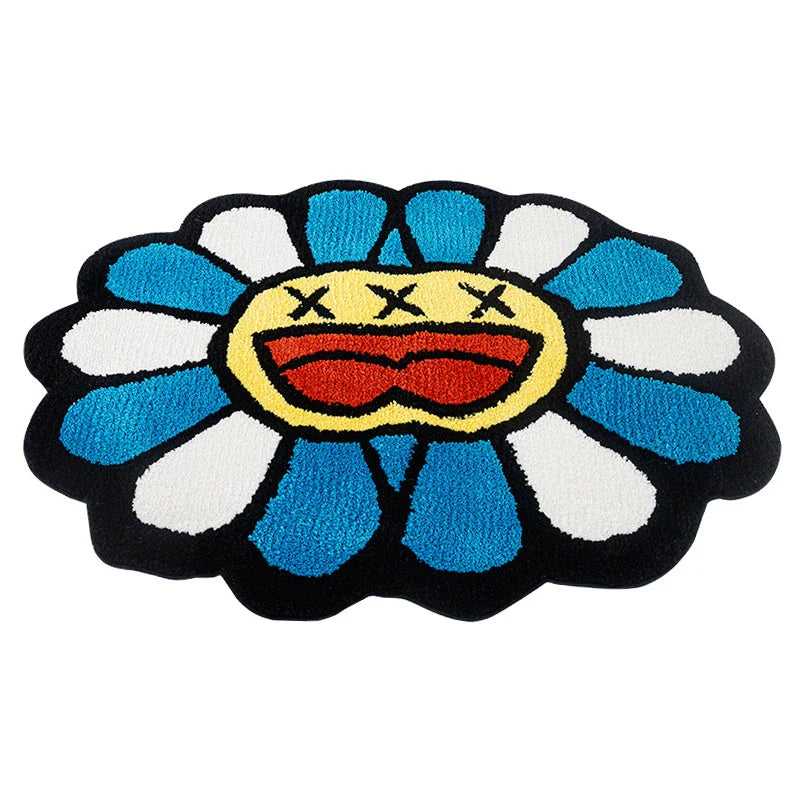 Cheerful smiling face tufted carpet in pink and blue colours, a plush and comfortable home decor item