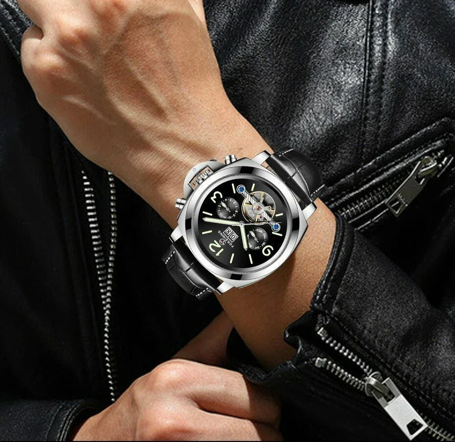 Automatic luminous skeleton watch with stainless steel case and genuine leather strap for men