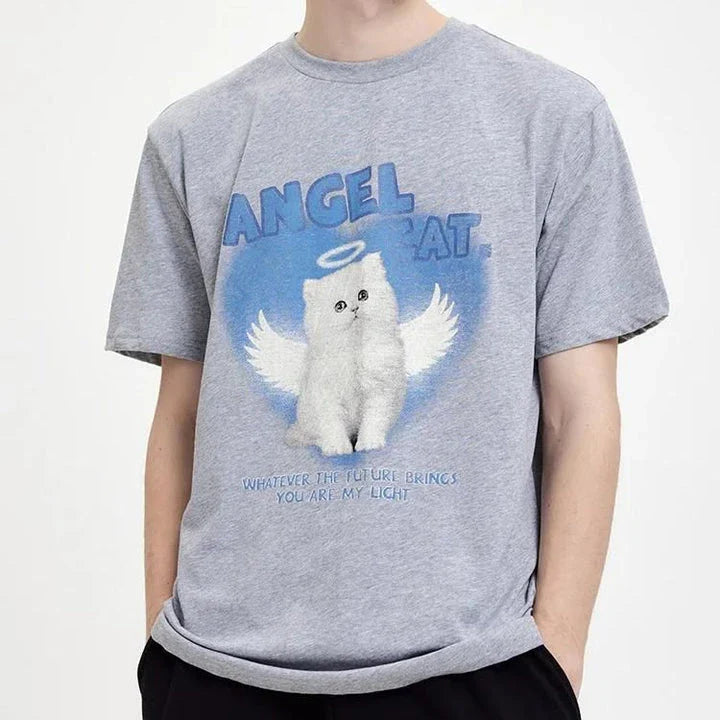Stylish Angel Cat Graphic Cotton T-Shirt in White, featuring a trendy angel cat print design