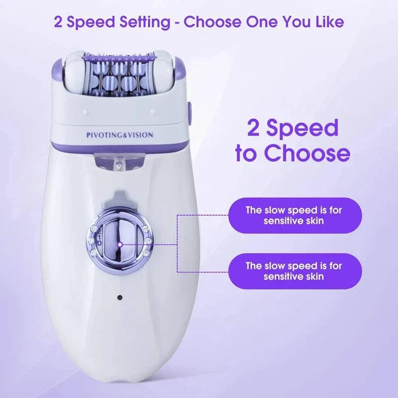 Premium 3-in-1 electric epilator and shaver for women with carbon steel blades, two speed settings, and built-in LED light for smooth, hair-free skin