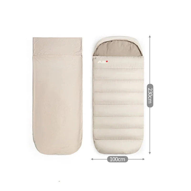 Premium 3-season sleeping bag with spacious design, warm yet breathable fabric, and removable liner for easy cleaning
