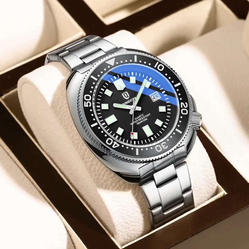 Trendha Quartz Watch with Stainless Steel Strap and Luminous Dial in Black and Blue Colours