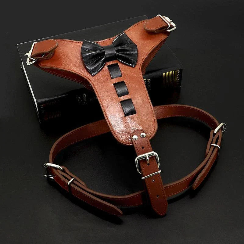 Premium genuine leather dog harness with a charming bowknot accessory, designed for medium to large breed dogs