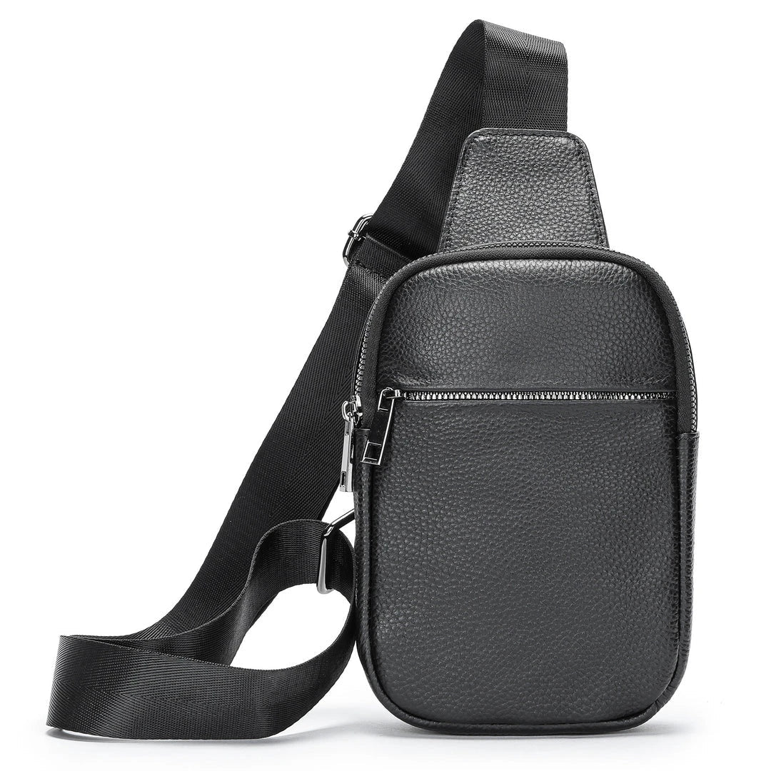 A premium genuine leather crossbody bag with an urban, minimalist design, perfect for everyday use and outdoor adventures.