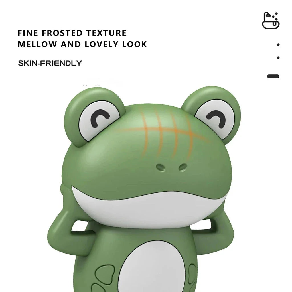Adorable clockwork-powered frog bath toy with smooth edges for safe, fun playtime in the tub or pool