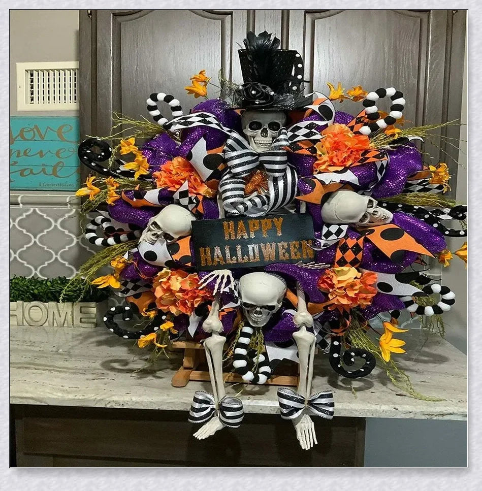 A captivating Halloween wreath featuring a purple skull design, perfect for adding eerie elegance to any home.