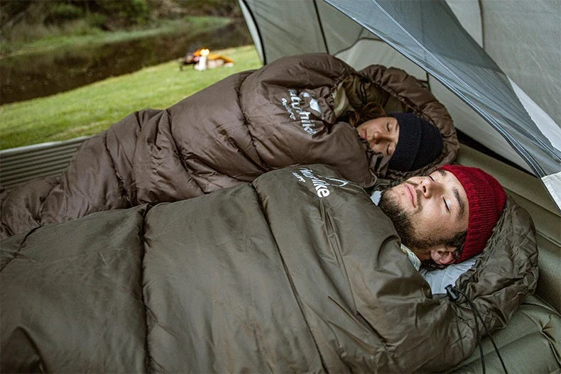 Naturehike Luxury Down-filled Sleeping Bag for Outdoor Camping in Hollow Cotton/Clay Gray, Hollow Cotton/Moxa Leaf Green, and Down Cotton/Sky Blue colours