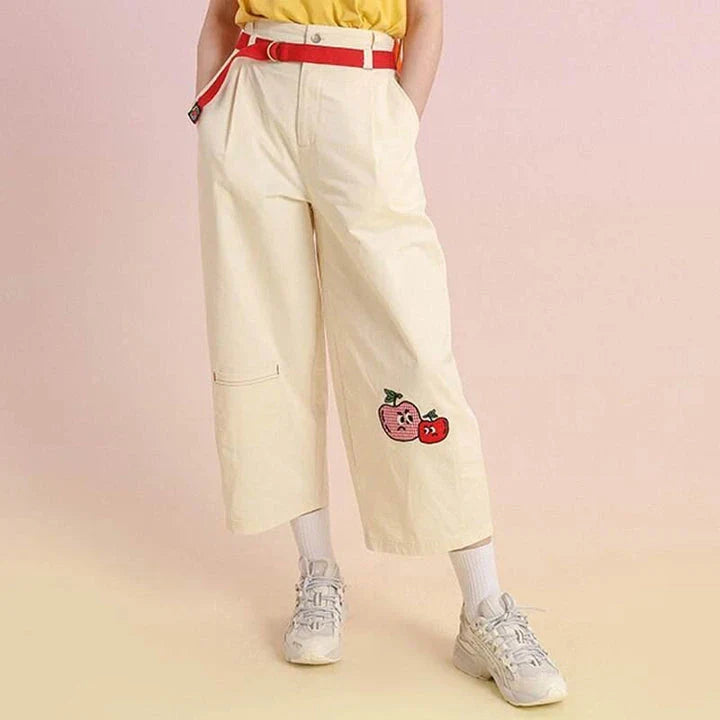 Women's high-waist cotton capri trousers with embroidered fruit designs in a relaxed straight-leg fit