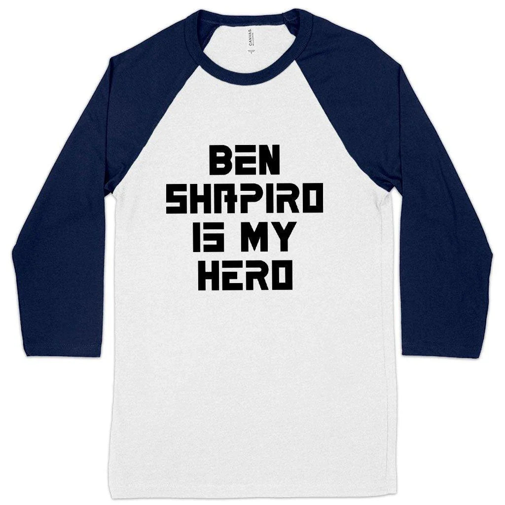 Premium Ben Shapiro baseball-style t-shirt in white and navy colours, featuring contrast raglan sleeves and side-seam detailing for a tailored fit