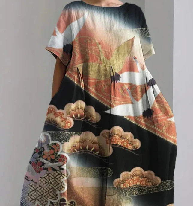 A stylish 3D floral short sleeve dress with a vibrant pattern of flowers on a black background
