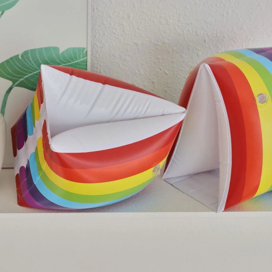 Vibrant inflatable pool floats in rainbow colours for adventurous children to enjoy water play safely