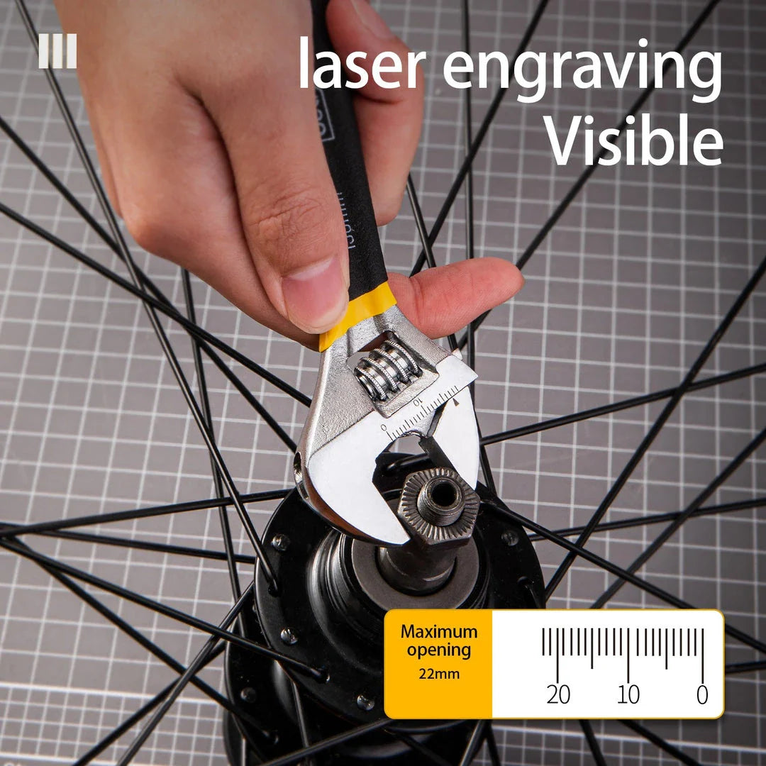 Adjustable stainless steel spanner with PVC handle, featuring a laser-etched scale for precise measurements and a smooth-operating screw nut for easy adjustments.
