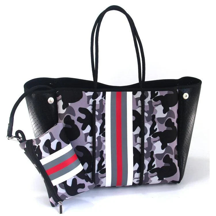 A neoprene beach bag in a stylish design, perfect for British summer adventures at the coast