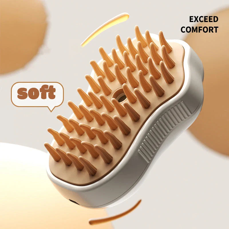 Premium 3-in-1 electric pet grooming tool with steam cleansing technology and soft, rounded bristles for a soothing grooming experience