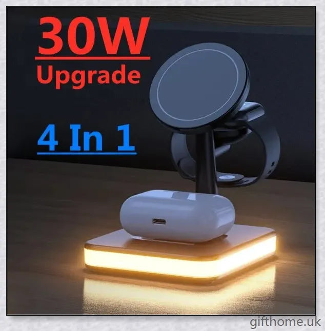 Premium 4-in-1 magnetic wireless charging dock for desks and travel, supporting simultaneous charging of up to 4 devices in black or white