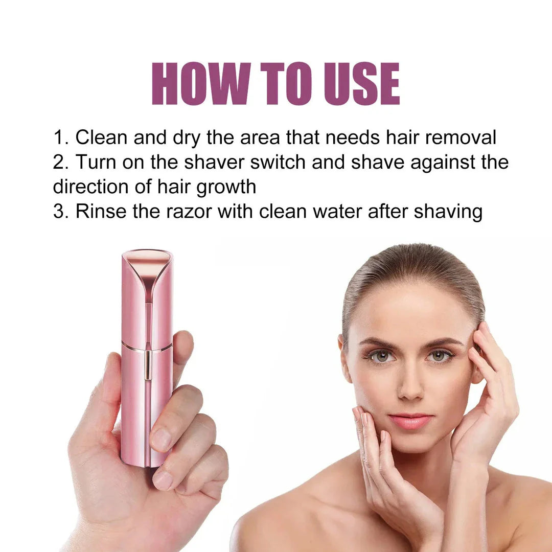 Discreet, lipstick-shaped facial hair remover for women with precision blades and battery-powered operation