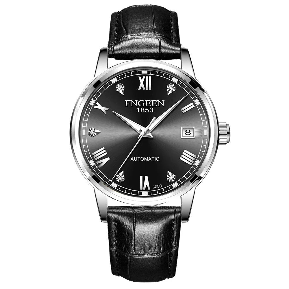 Premium automatic mechanical watch with leather strap, featuring a stainless steel case, luminous hands and markers, and a stylish British-inspired design