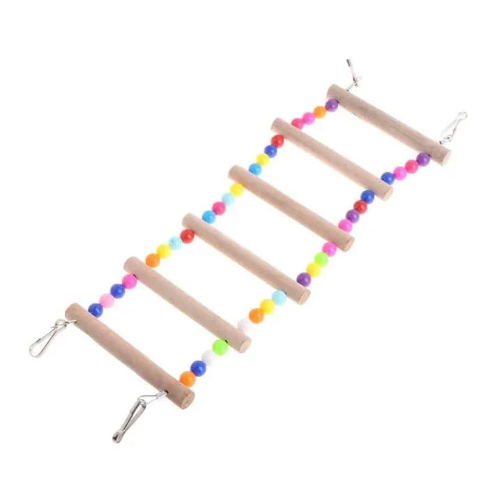 Sturdy wooden rainbow ladder with two hanging hooks, designed as a colourful climbing toy for pet birds