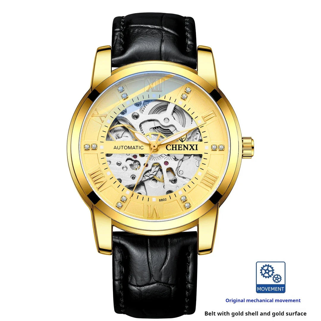 Premium automatic mechanical watch with a waterproof leather strap, featuring a sophisticated and versatile design.