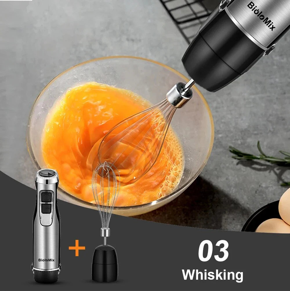 A powerful 1200W 4-in-1 immersion hand blender with attachments for chopping, blending, and whipping