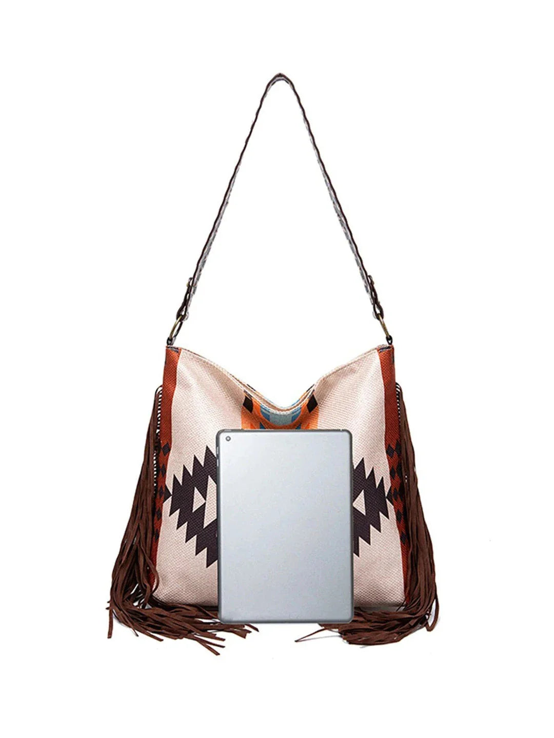 Bohemian Chic Canvas Shoulder Bag with Colourful Knitting and Tassel Details